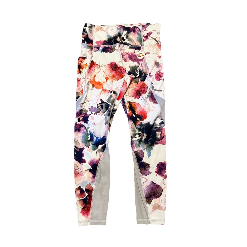 Athleta Floral Mudra Mesh 7/8 Leggings Ivory Purple Watercolor Boho Mesh Sz M